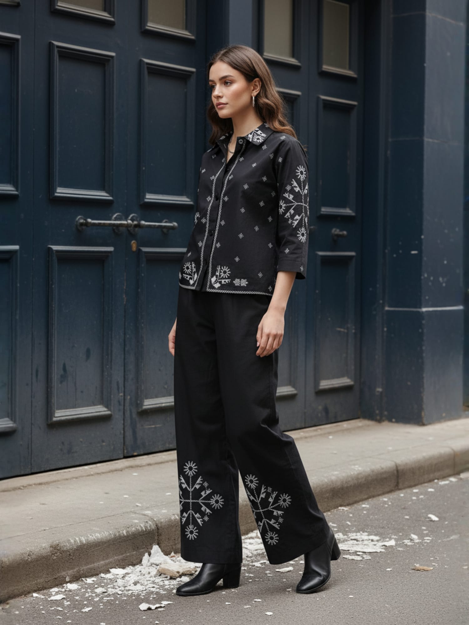 Cotton Embroidered Shirt With Palazzos Co-Ords Set