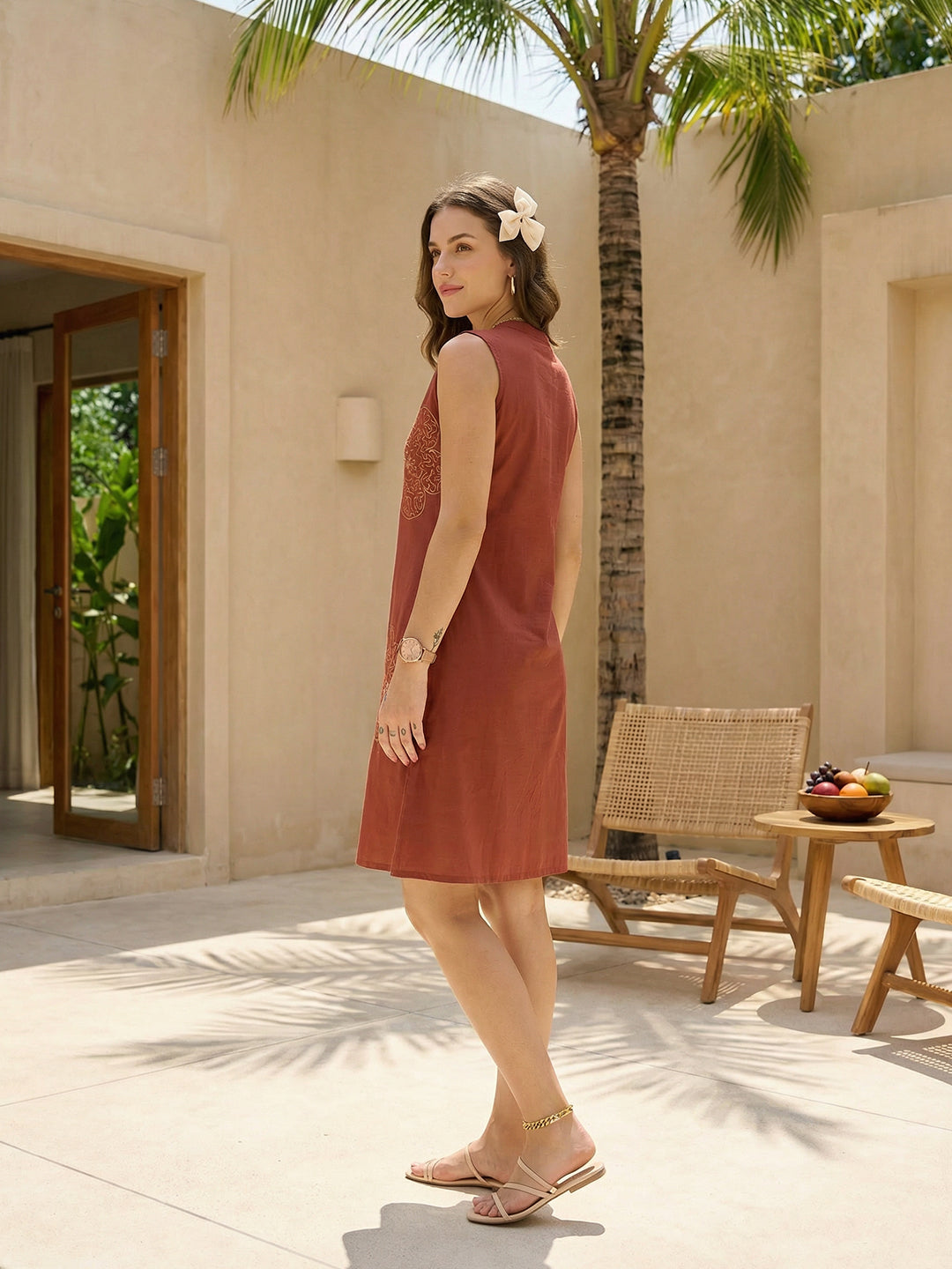 Zummer Rust Cotton Embroidered A-Line Dress