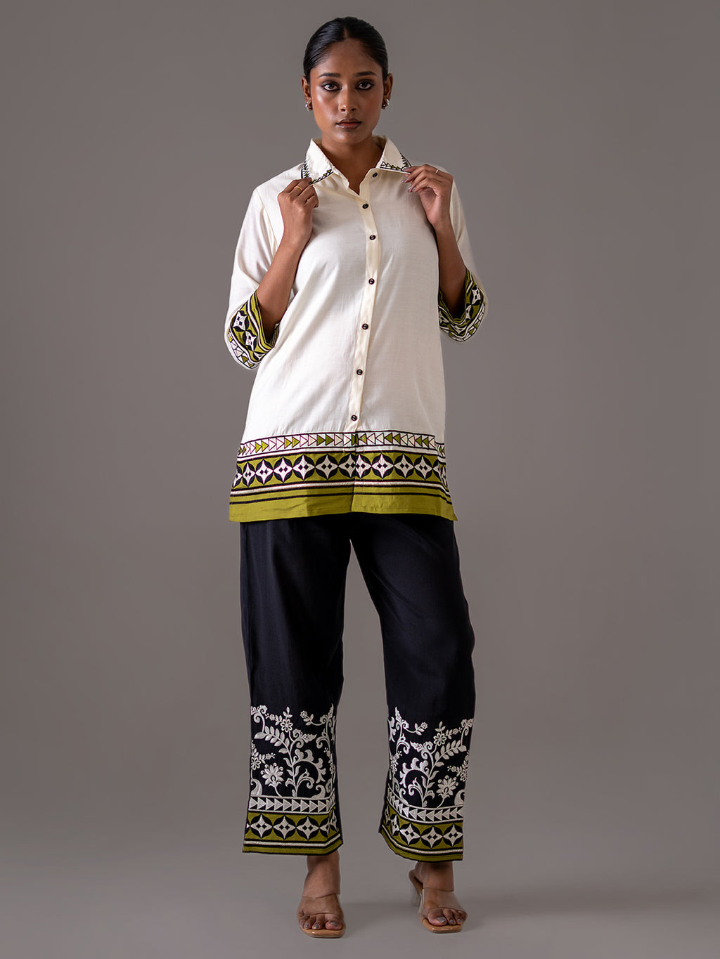 Cotton Off White And Black Embroidered Shirt With Trouser Co-Ords Set