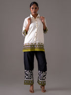 Cotton Off White And Black Embroidered Shirt With Trouser Co-Ords Set
