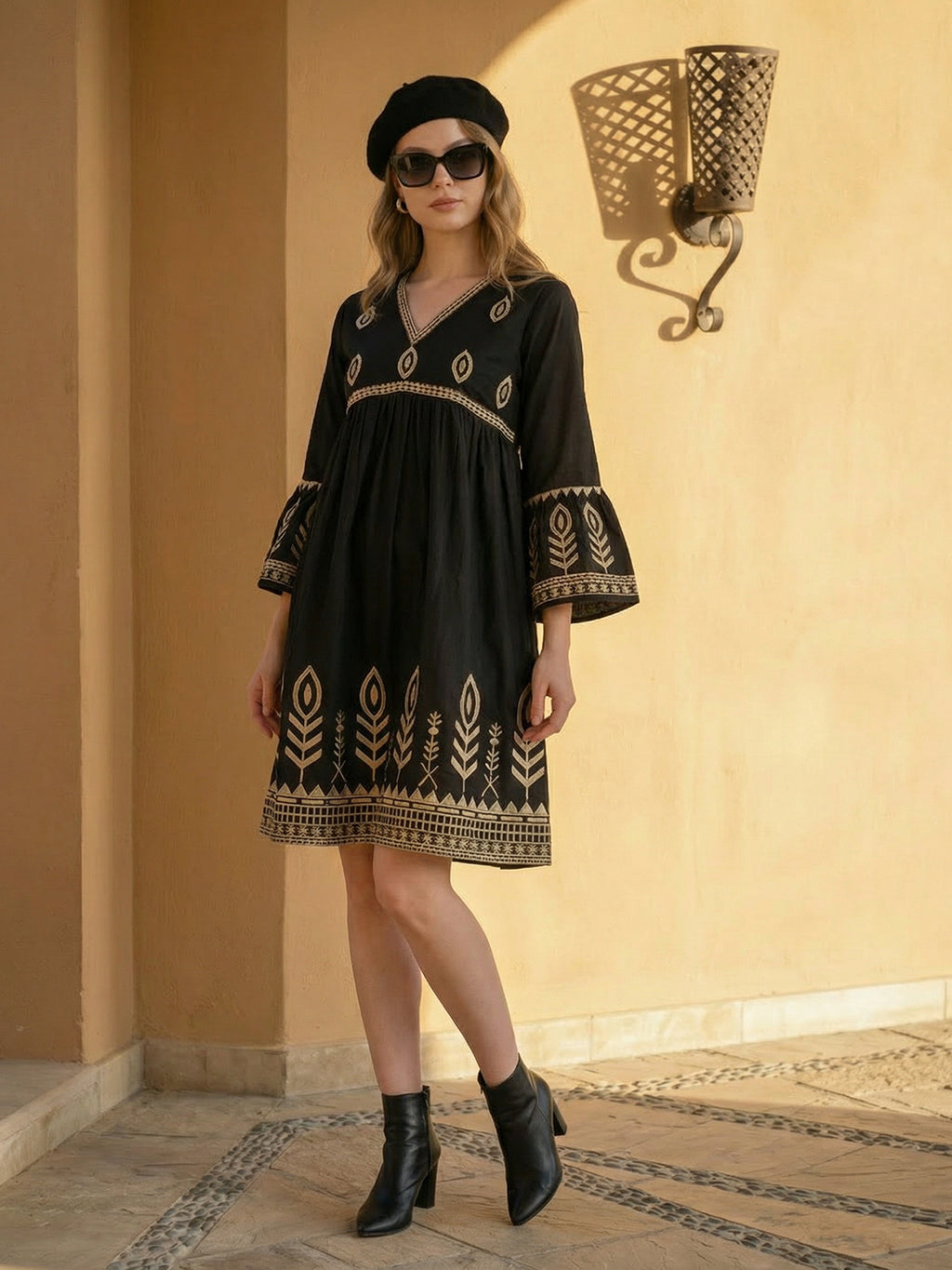 Zummer Embroidered Cotton Knee-Length Dress with Bell Sleeves – Black, Charcoal & Beige