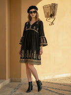 Zummer Embroidered Cotton Knee-Length Dress with Bell Sleeves – Black, Charcoal & Beige