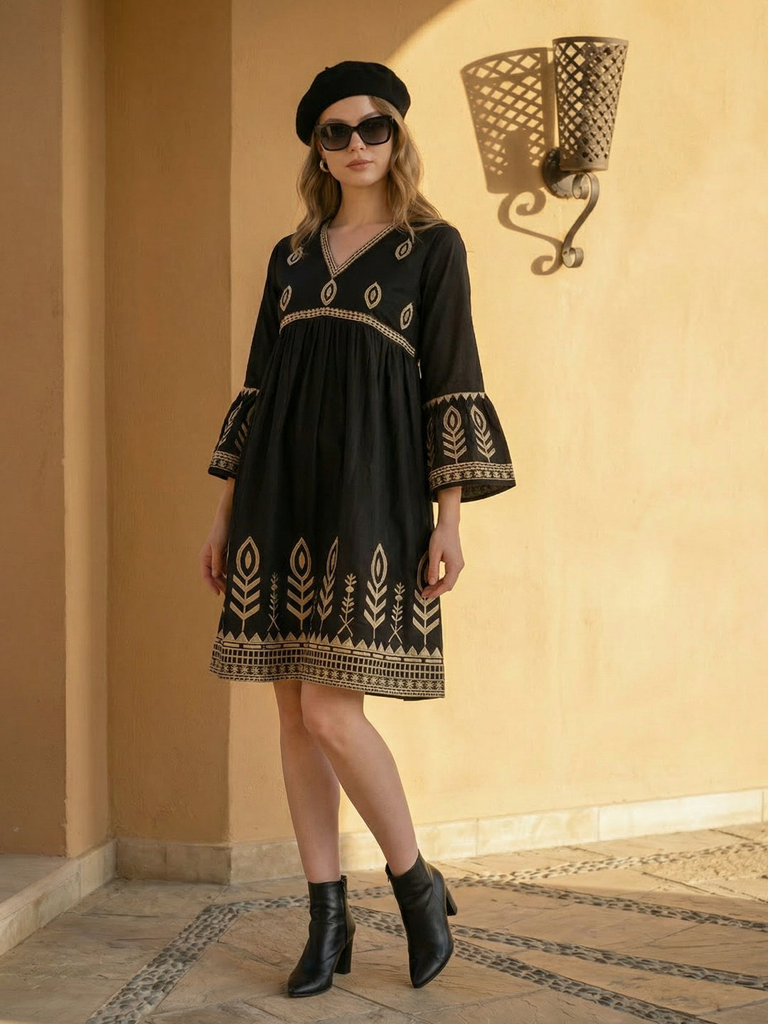 Zummer Embroidered Cotton Knee-Length Dress with Bell Sleeves – Black, Charcoal & Beige