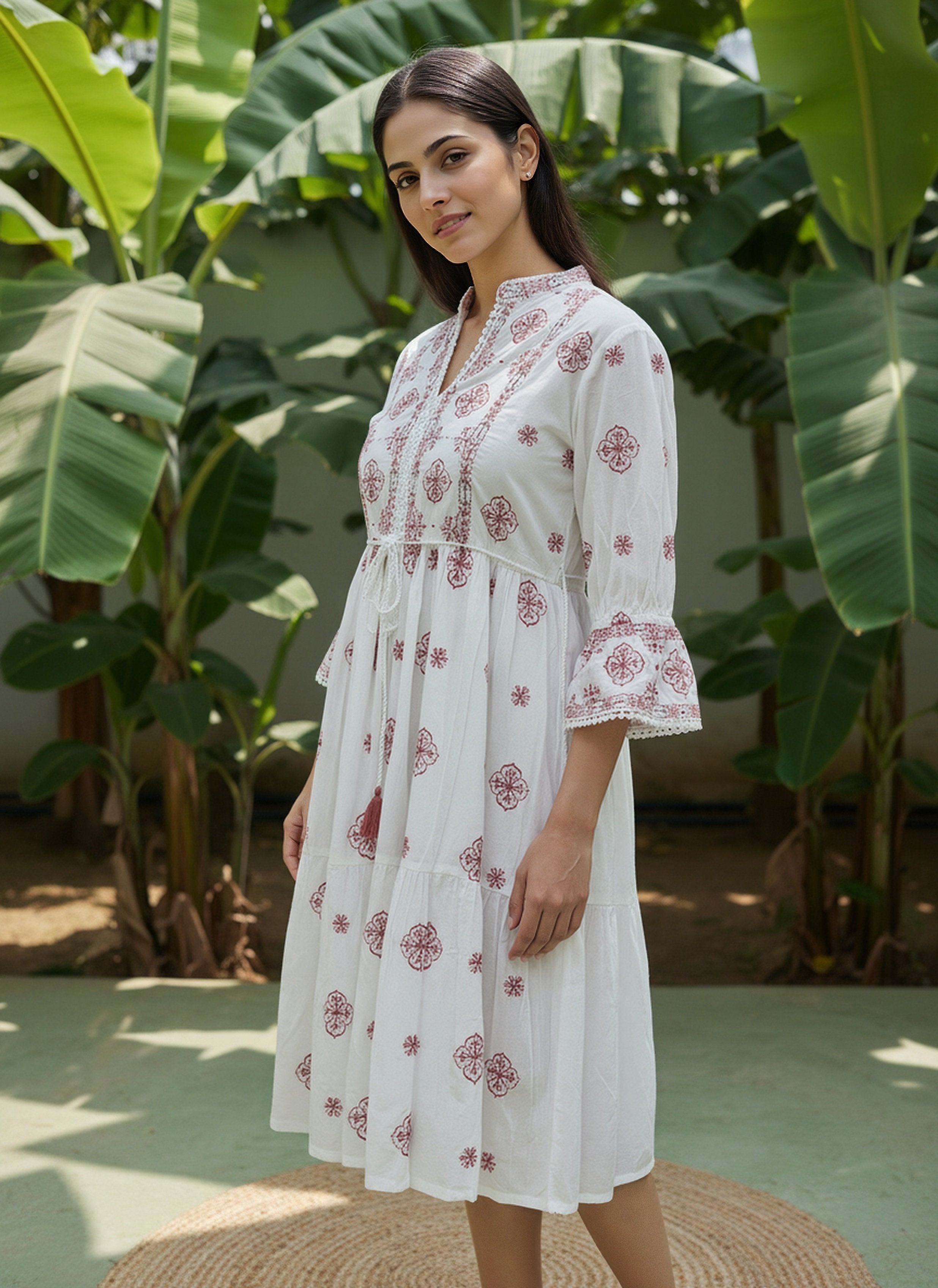 Cotton Floral Embroidered  Puff Sleeve Dress