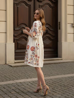 Off White Cotton Embroidered Empire Short Dress with Puff Sleeves