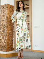 Rayon Off white Printed Fit And Flare Maxi Dress