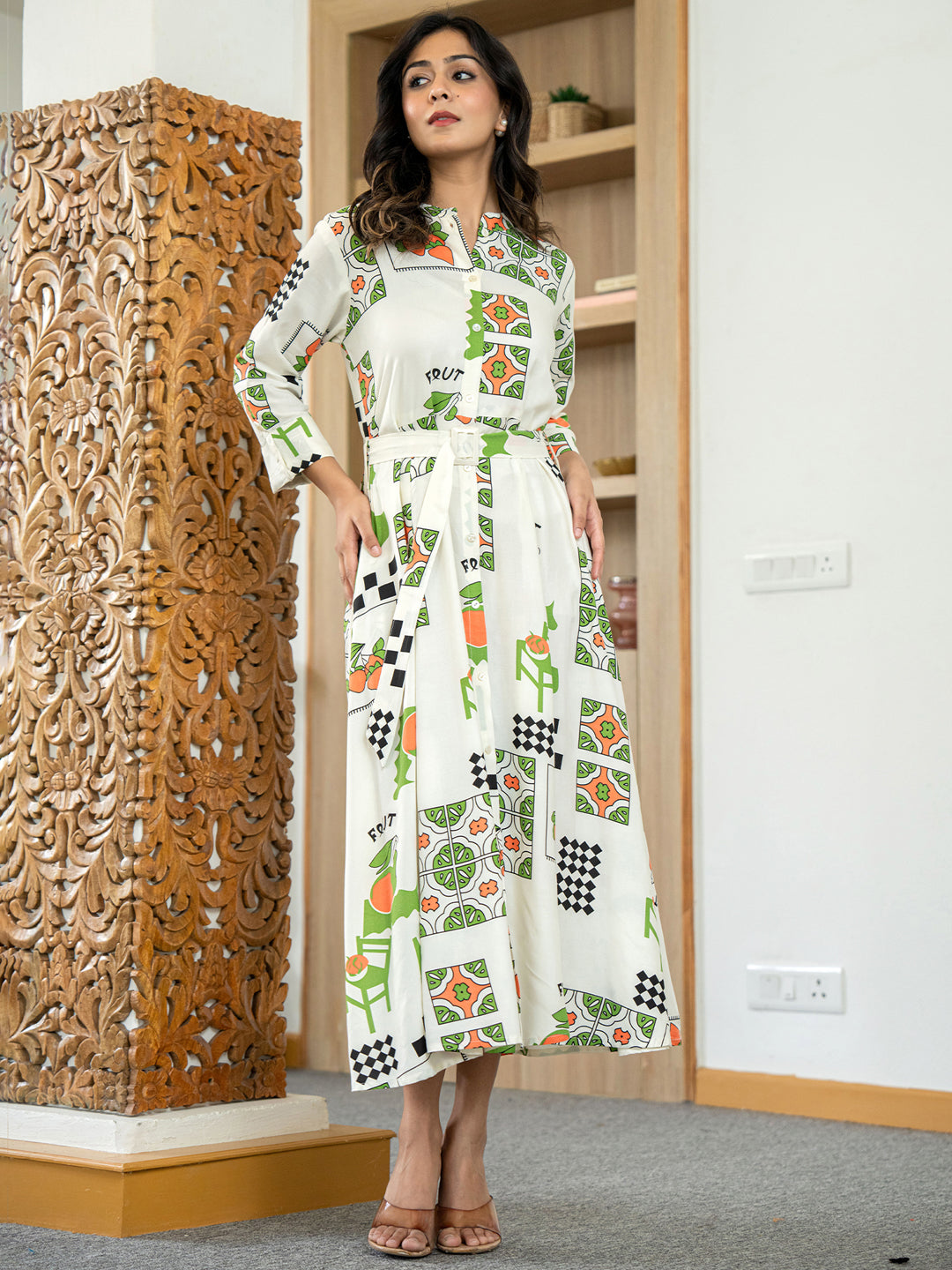 Rayon Off white Printed Fit And Flare Maxi Dress