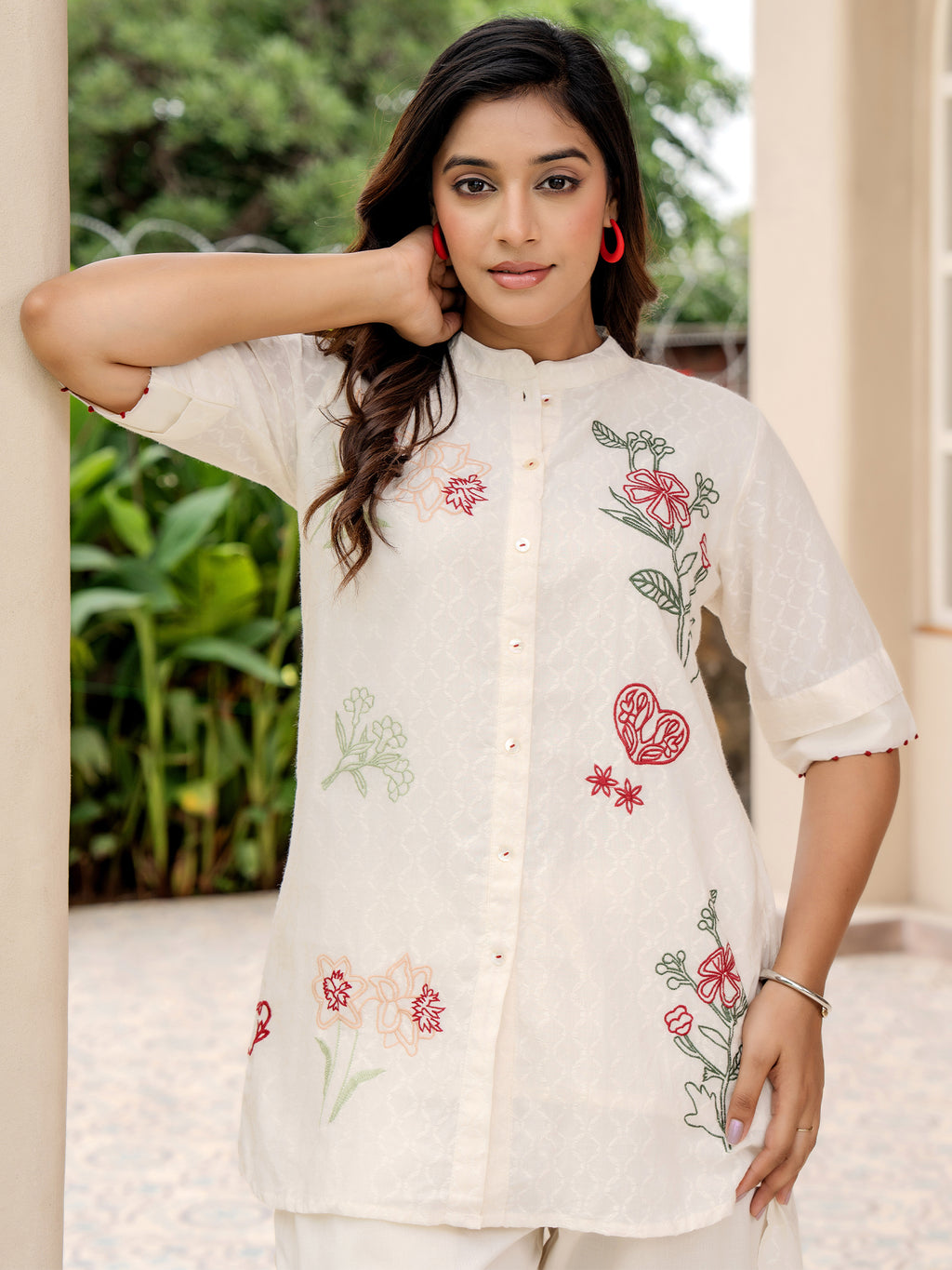 Cotton Off White Embroidered Tunic With Trouser Co-Ords Set