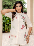 Cotton Off White Embroidered Tunic With Trouser Co-Ords Set