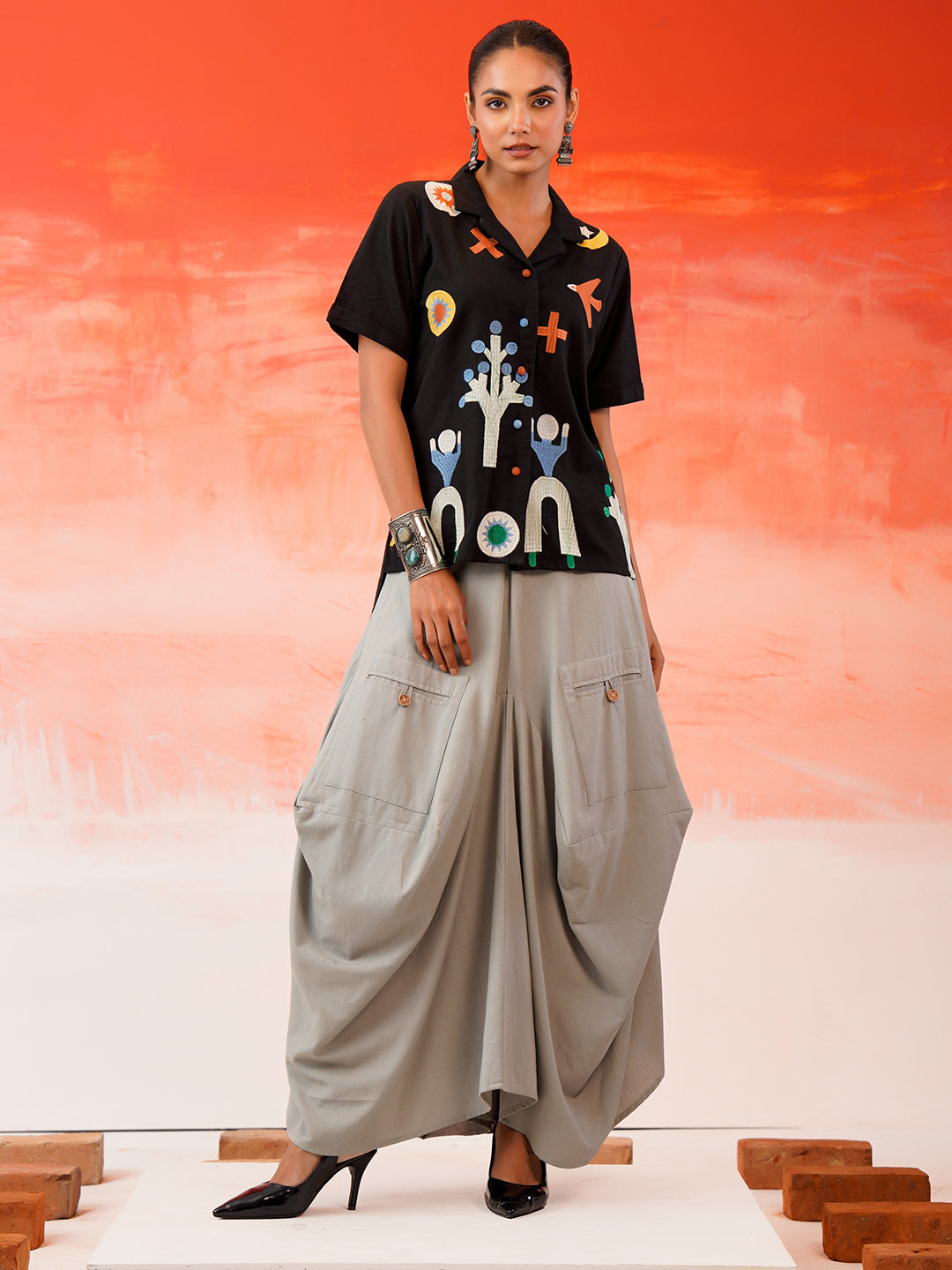 Zummer Embroidered Cotton Co-Ord Set with Shirt & Skirt – Black, Charcoal & Grey