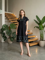 Zummer Embroidered Cotton Midi Dress with Shirt Collar – Black, Charcoal & Sea Green