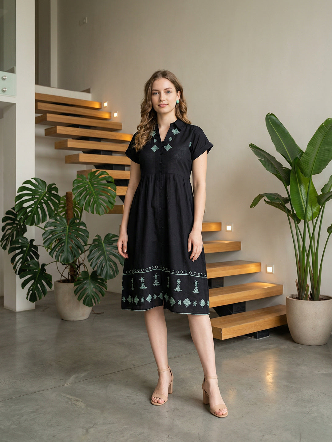 Zummer Embroidered Cotton Midi Dress with Shirt Collar – Black, Charcoal & Sea Green