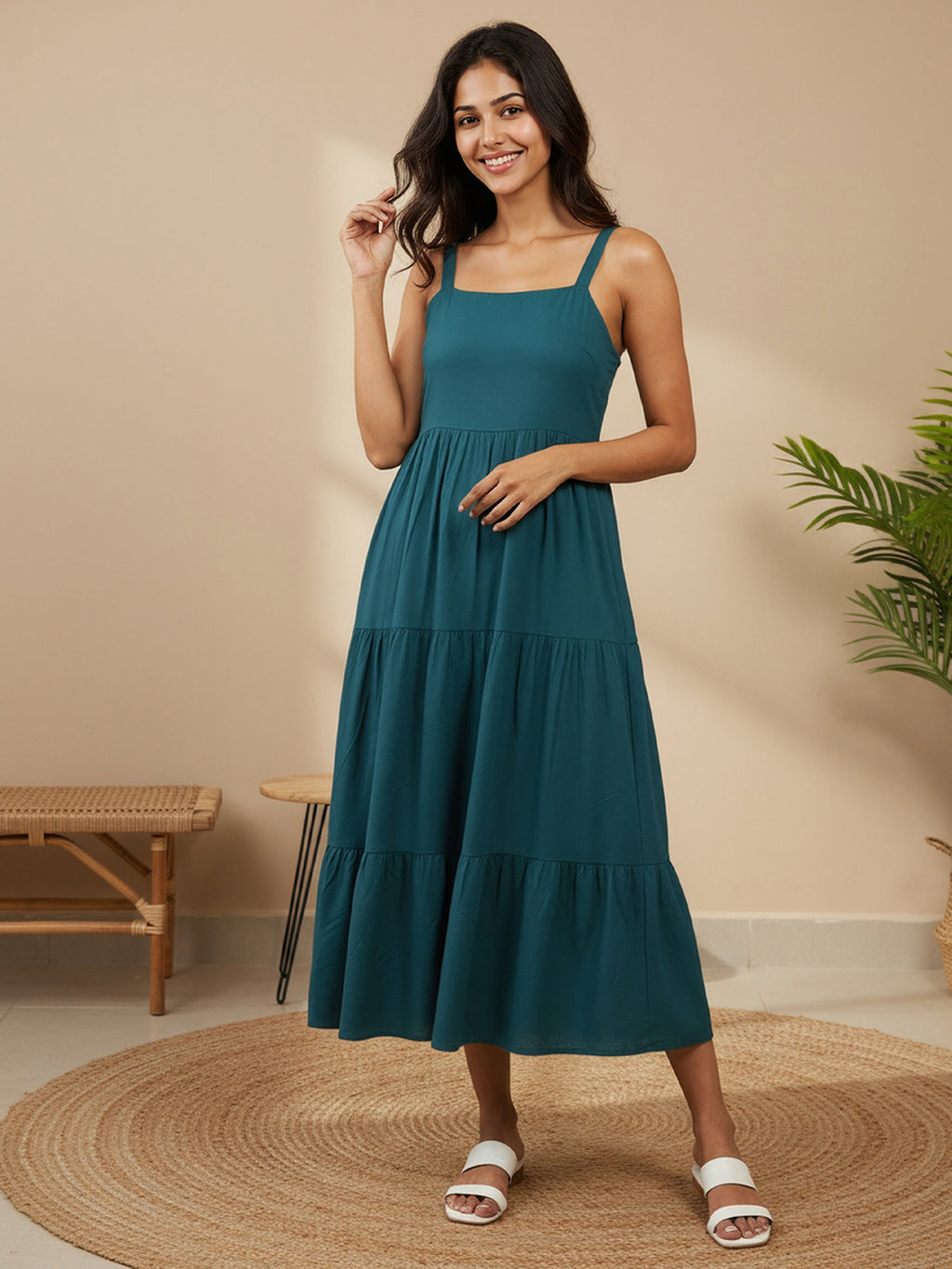 Cotton Fit And Flare Midi Dress with ikat Printed Jacket