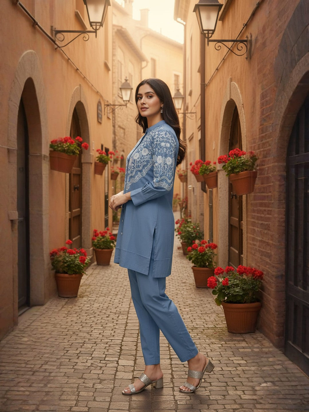 Cotton Floral Embroidered Shirt With TrouserCo-Ords Set