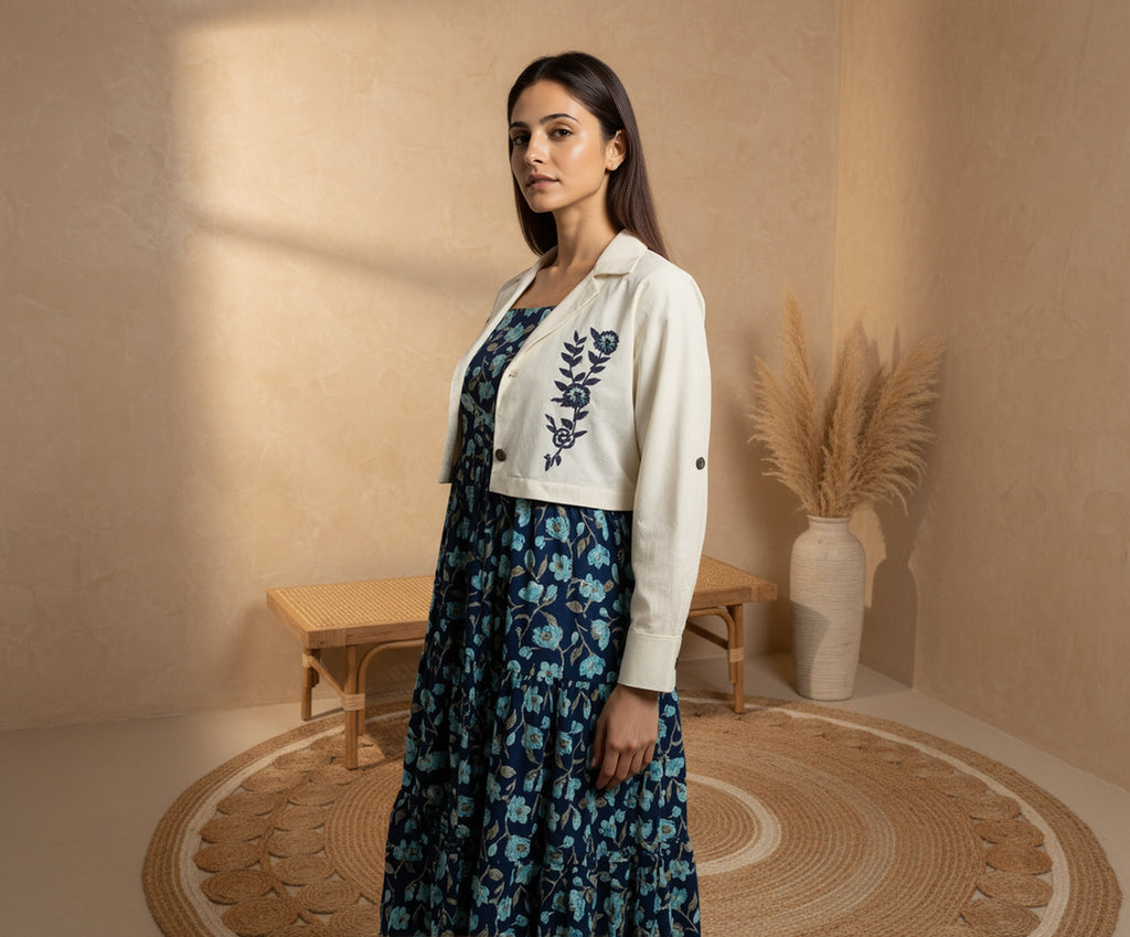 Cotton Navy Blue Printed Fit And Flare Midi Dress with Embroidered Jacket