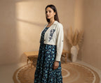 Cotton Navy Blue Printed Fit And Flare Midi Dress with Embroidered Jacket