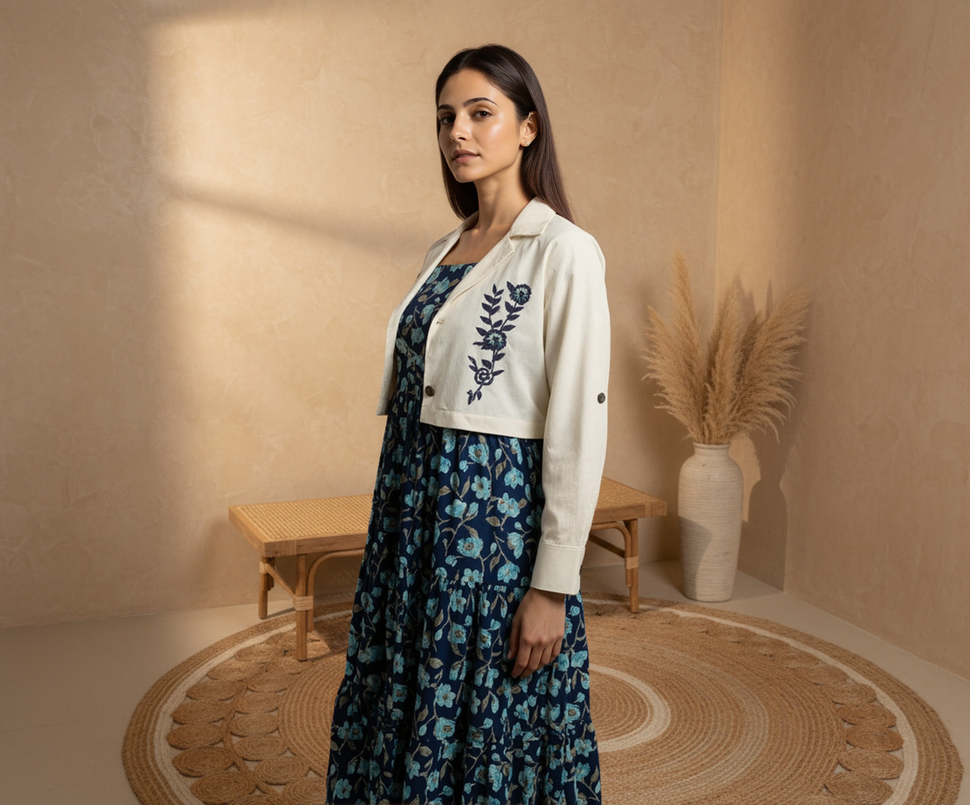 Cotton Navy Blue Printed Fit And Flare Midi Dress with Embroidered Jacket