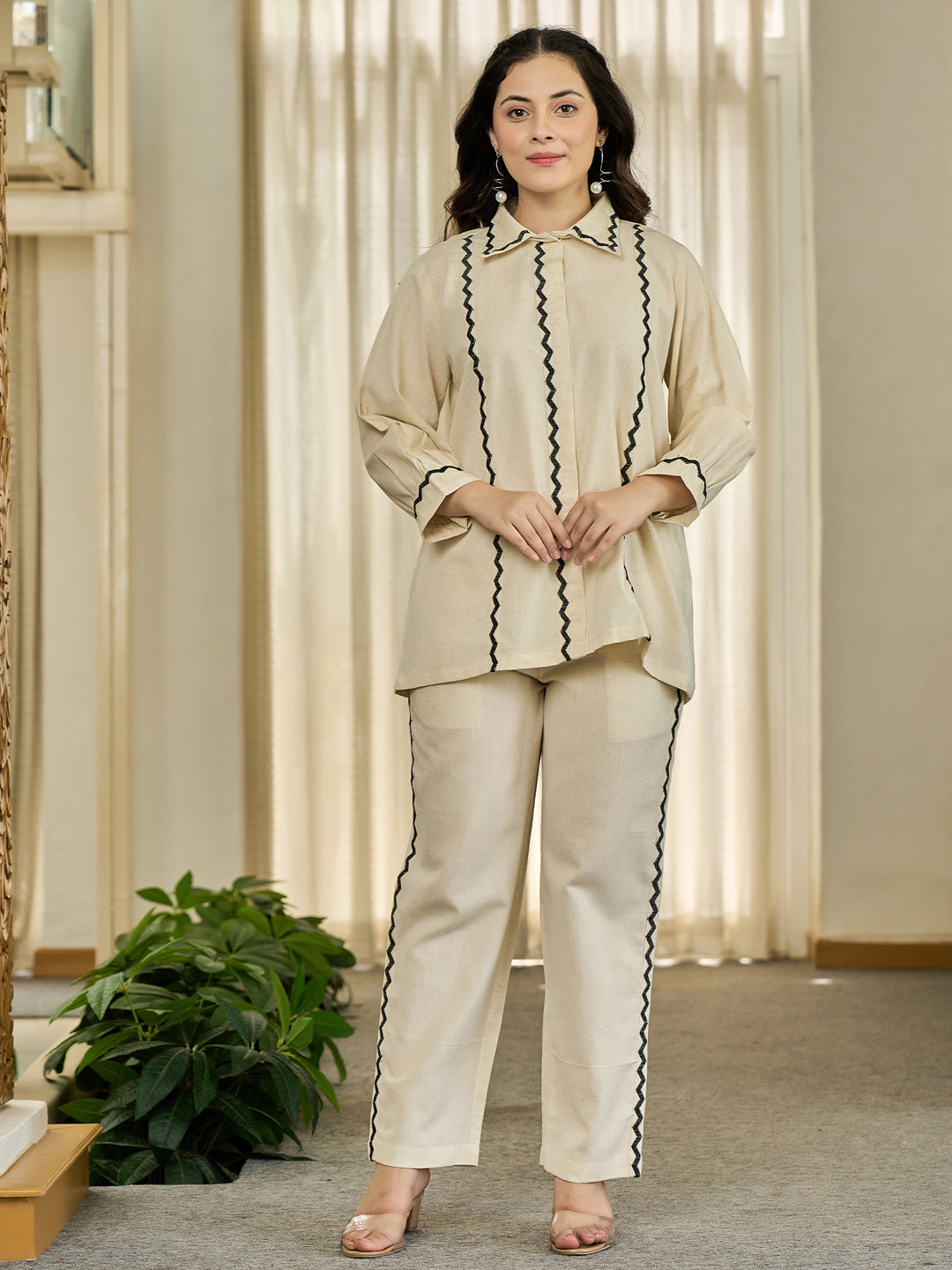 Cotton Off White Tunic With Trouser Co-Ords Set
