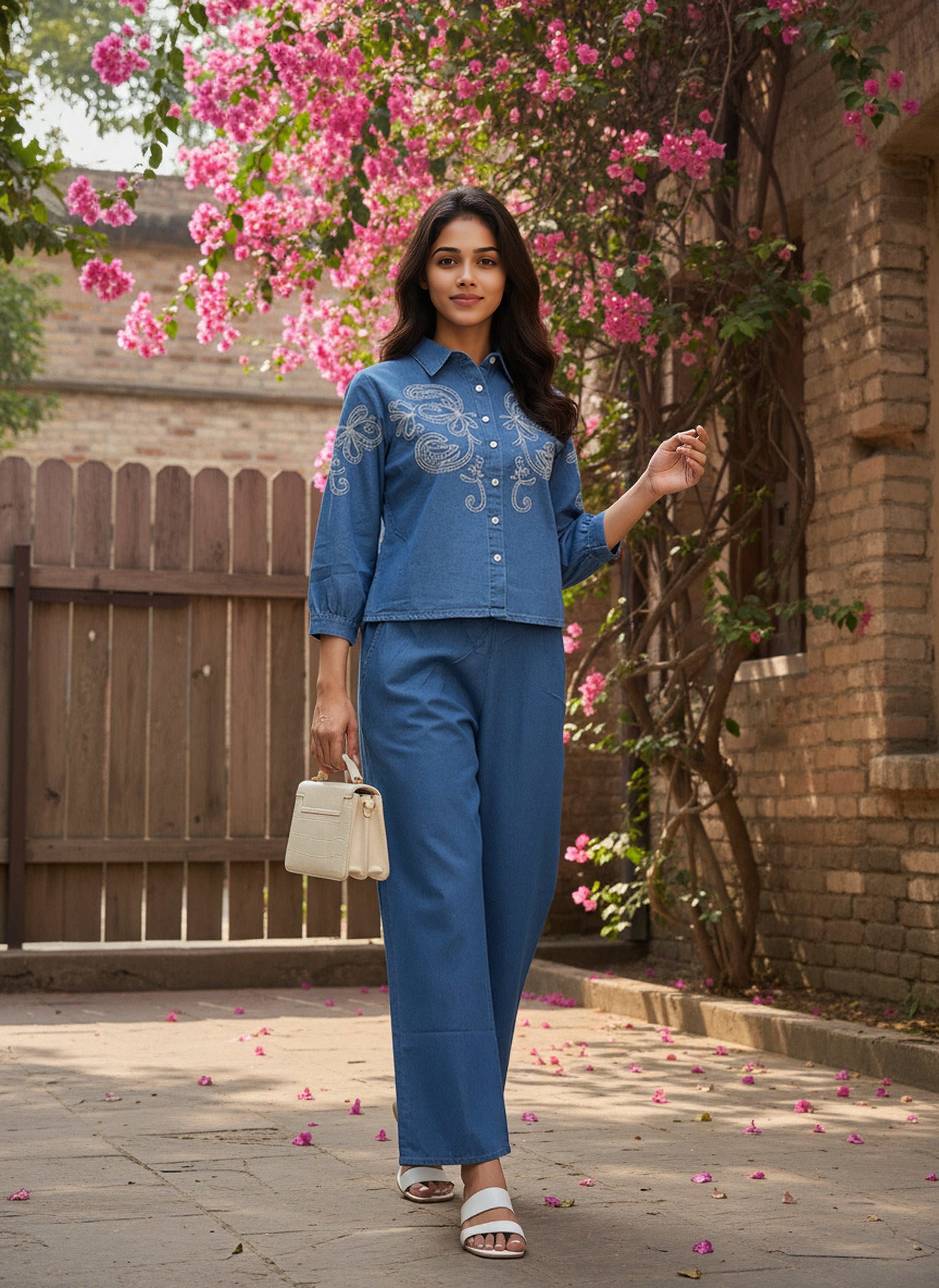 Denim Embroidered Shirt With TrouserCo-Ords Set