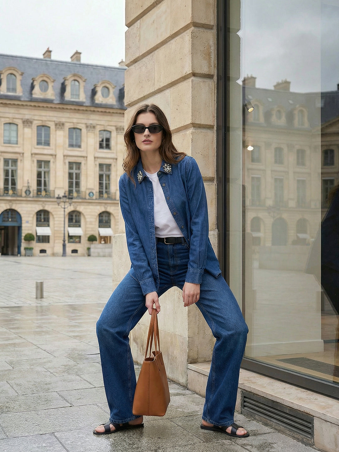 Zummer Embellished Denim Shirt with Spread Collar – Blue & Navy