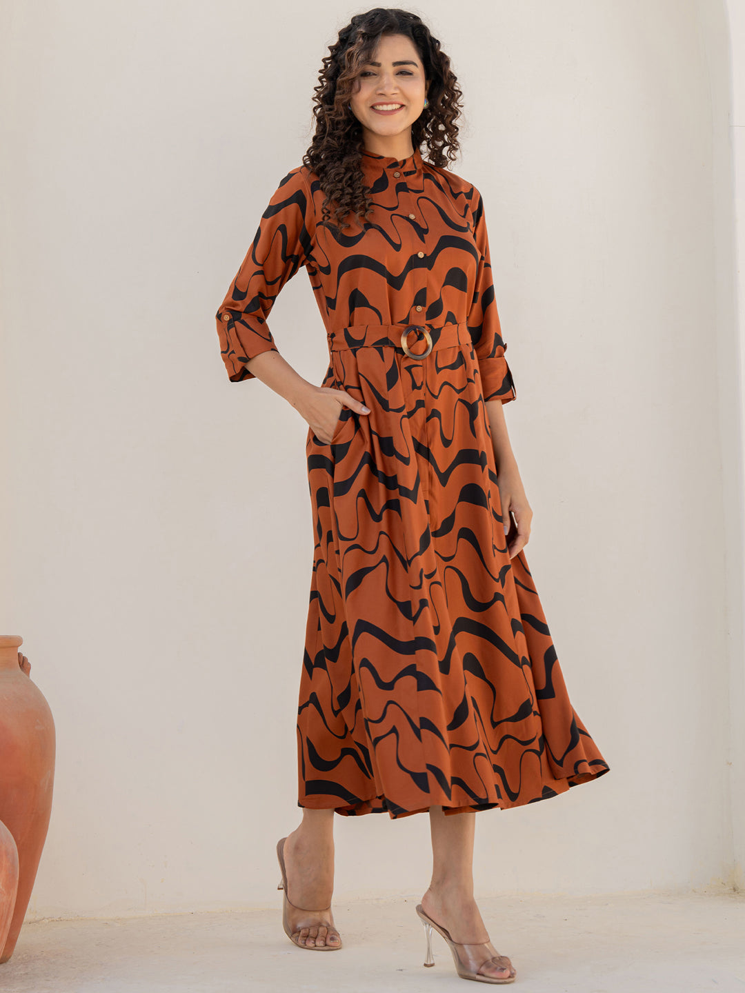Rayon Brown Printed Fit And Flare Maxi Dress