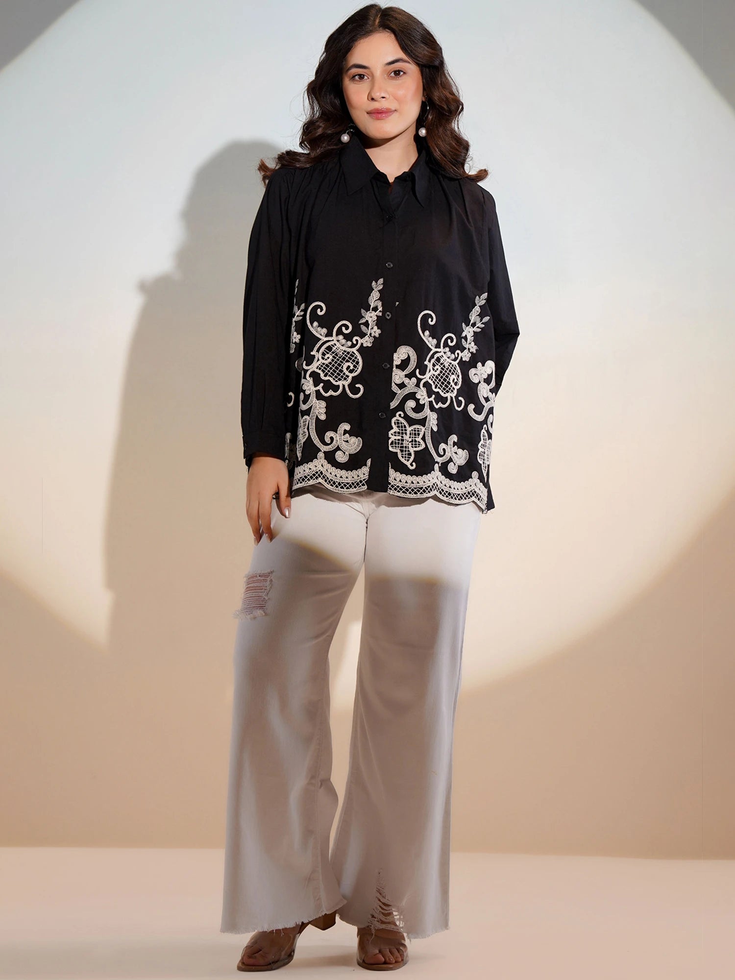 Black Floral Embroidered Boxy Shirt