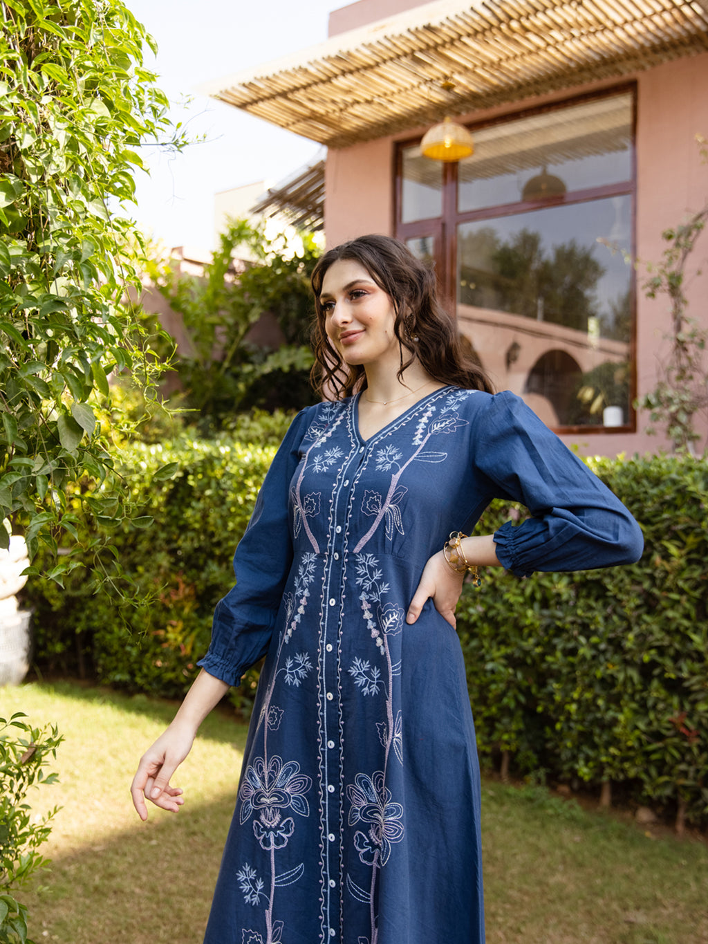 Zummer Navy Blue Embroidered Shirt Dress