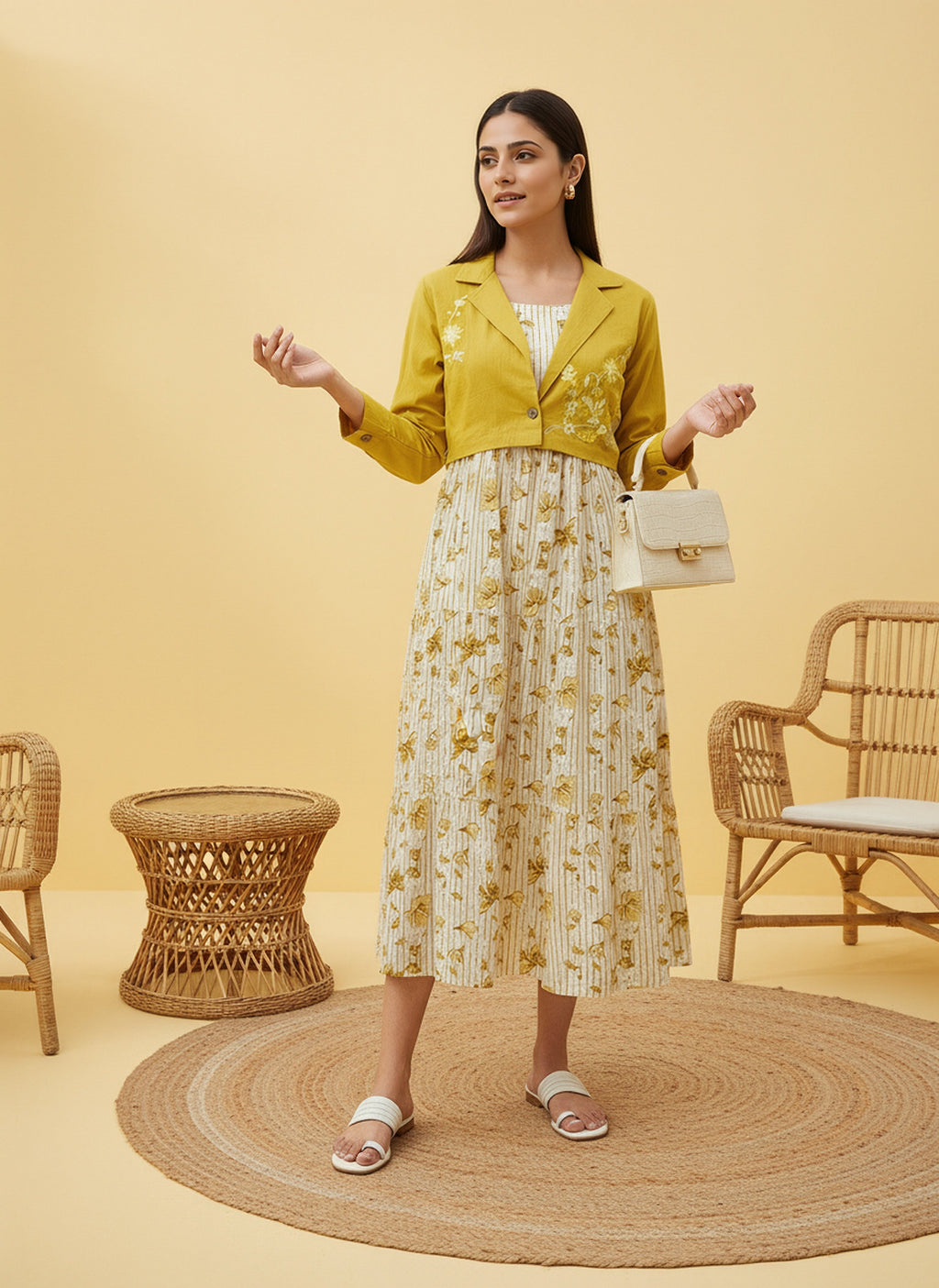 Cotton Yellow Printed Fit And Flare Midi Dress with Embroidered Jacket
