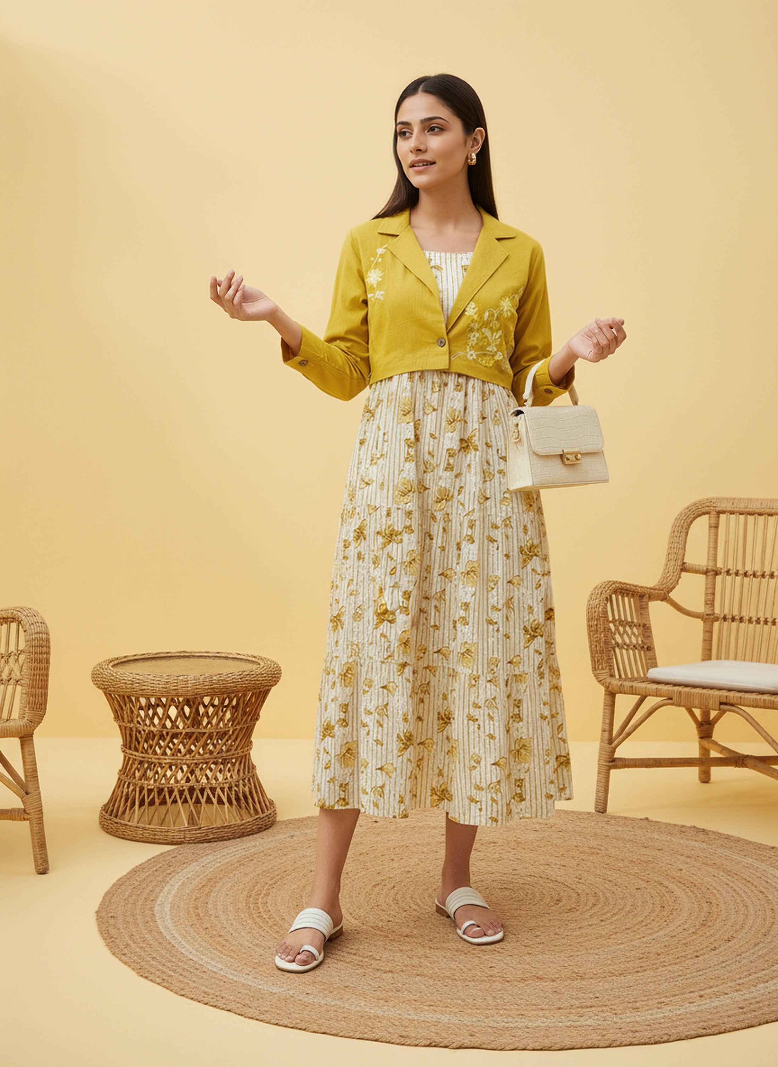 Cotton Yellow Printed Fit And Flare Midi Dress with Embroidered Jacket