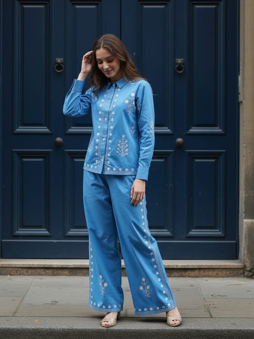 Cotton Embroidered Shirt With Palazzos Co-Ords Set