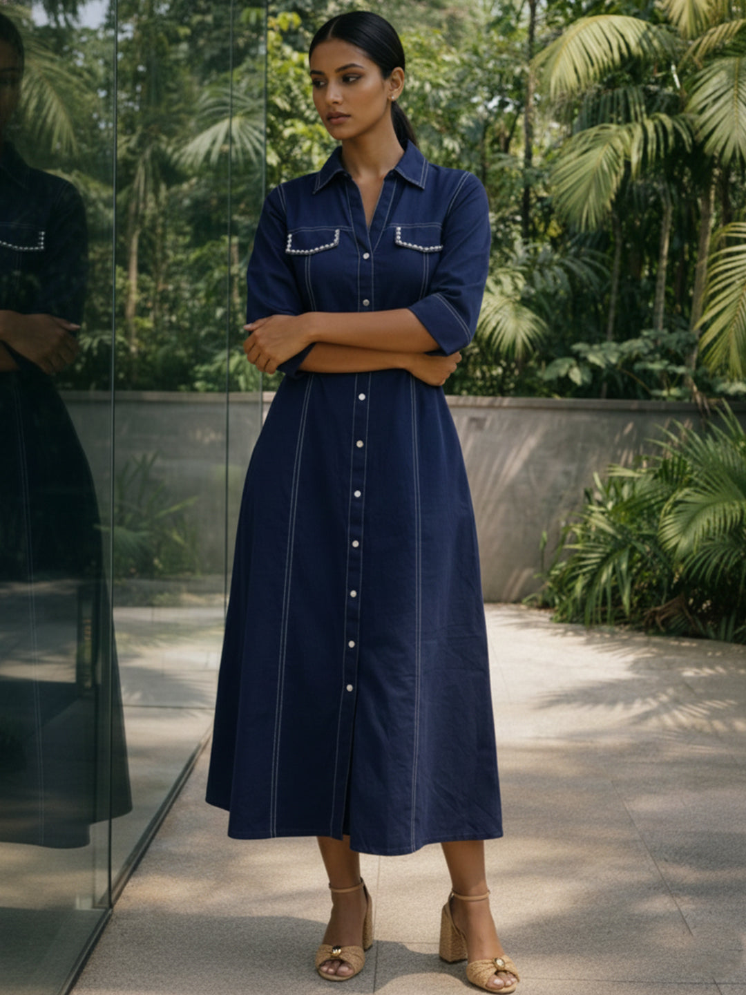 Zummer Women Navy Blue Embellished Cotton A-Line Midi Dress