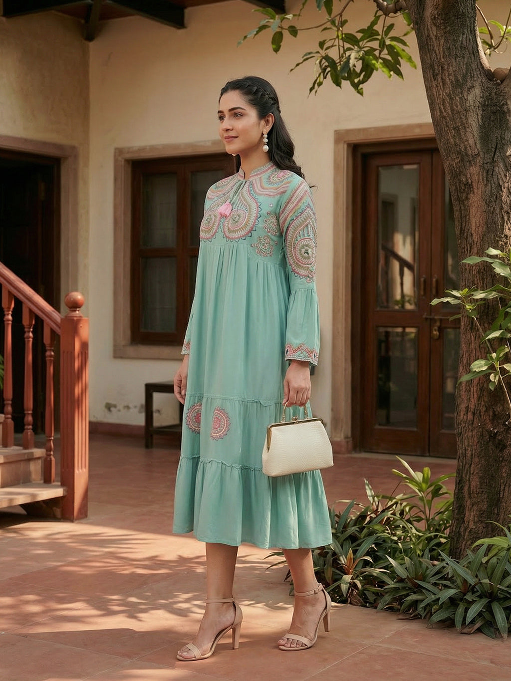 Zummer Sea Green Embroidered Midi Dress