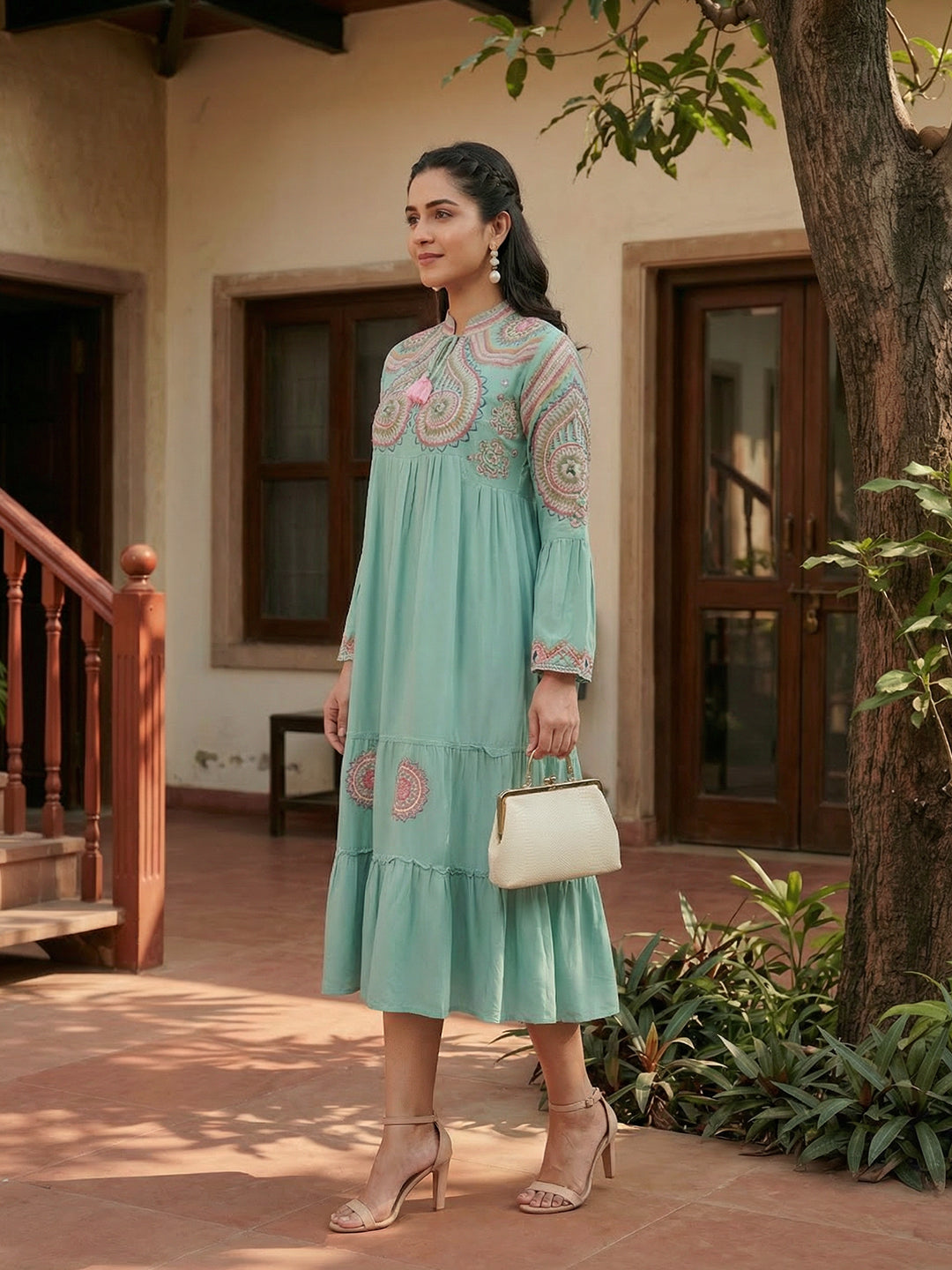 Zummer Sea Green Embroidered Midi Dress
