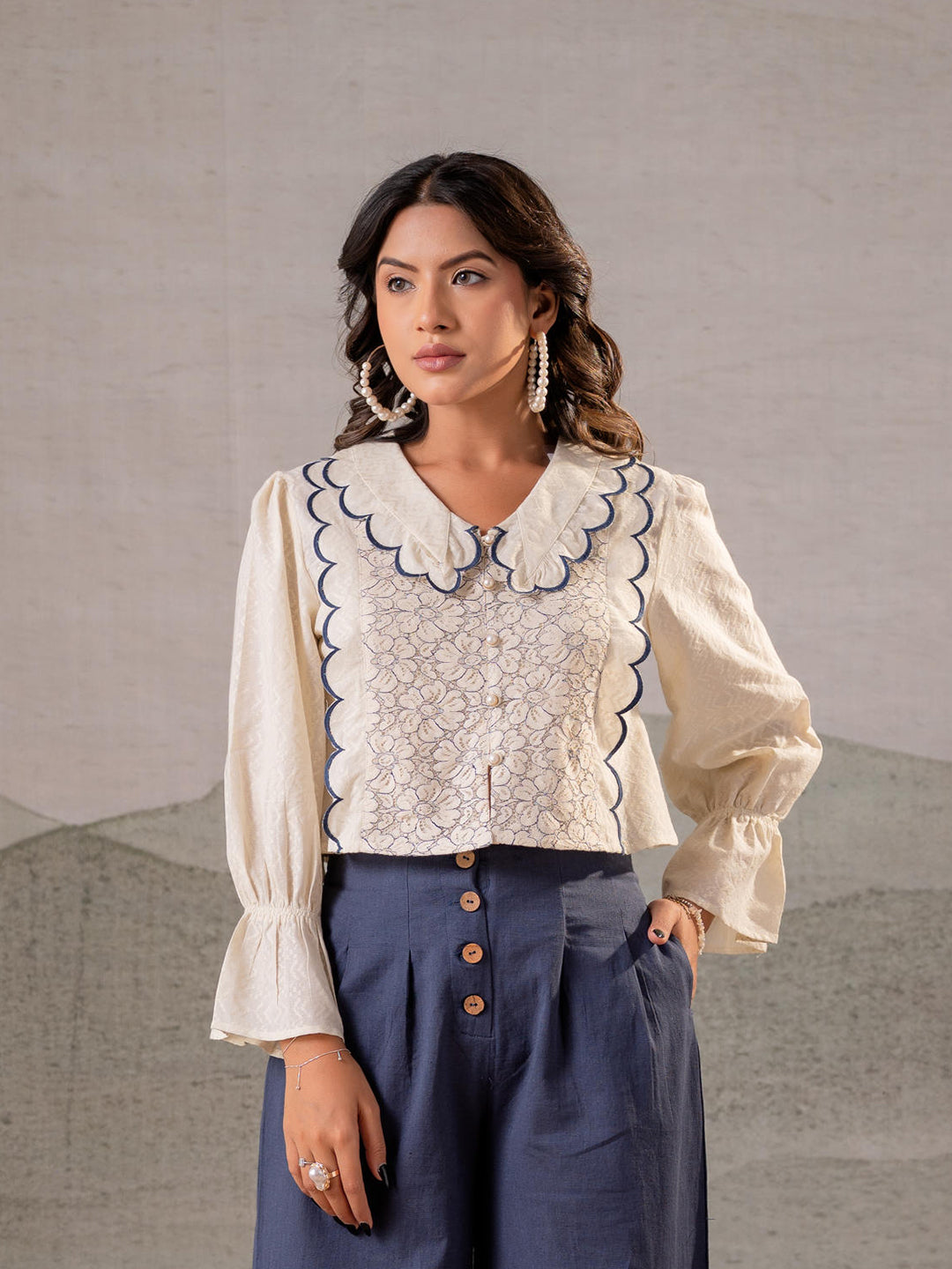 Zummer Off-White & Blue Cotton Co-Ord Set