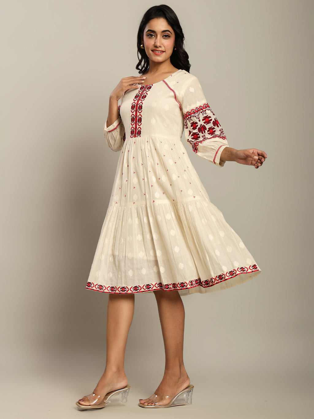 Cotton Off White Tribal Embroidered Midi Dress