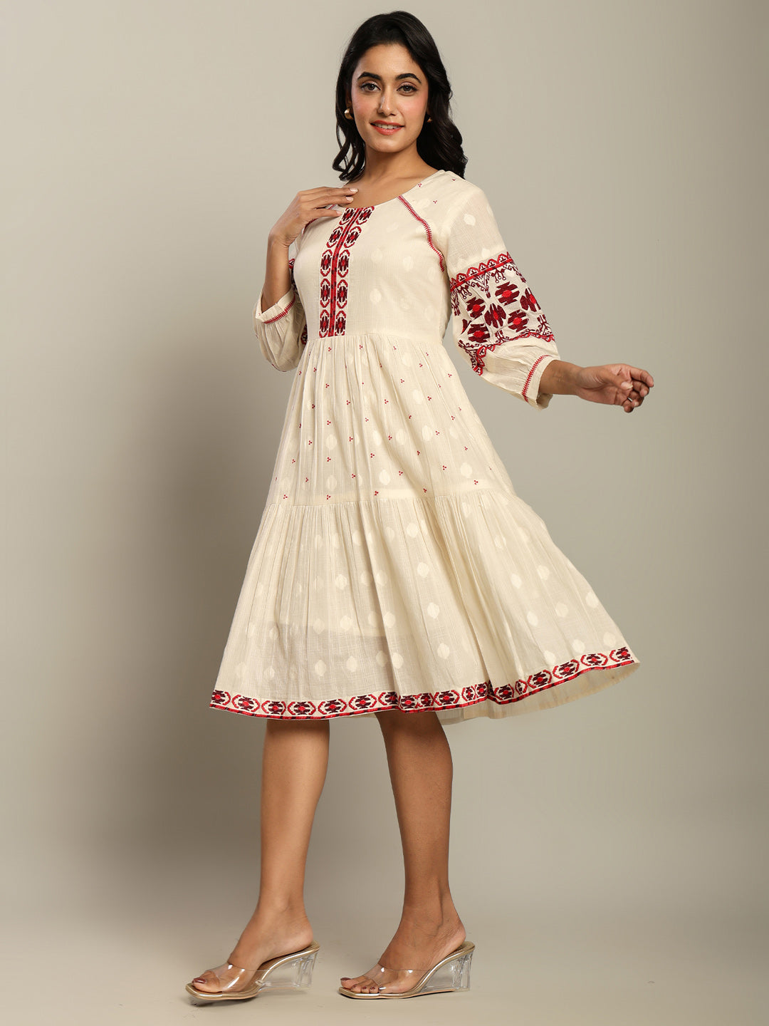 Cotton Off White Tribal Embroidered Midi Dress
