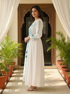 Cotton White Embroidered Fit and Flare Maxi Dress