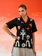 Zummer Embroidered Cotton Co-Ord Set with Shirt & Skirt – Black, Charcoal & Grey