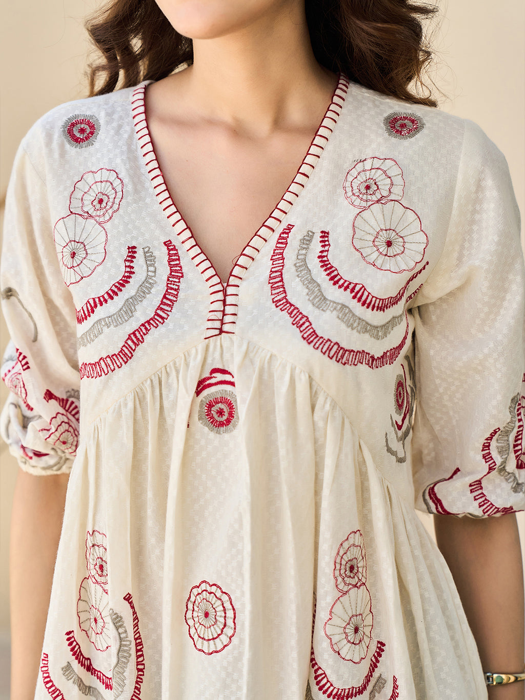 Cotton Embroidered  Puff Sleeve Short Dress