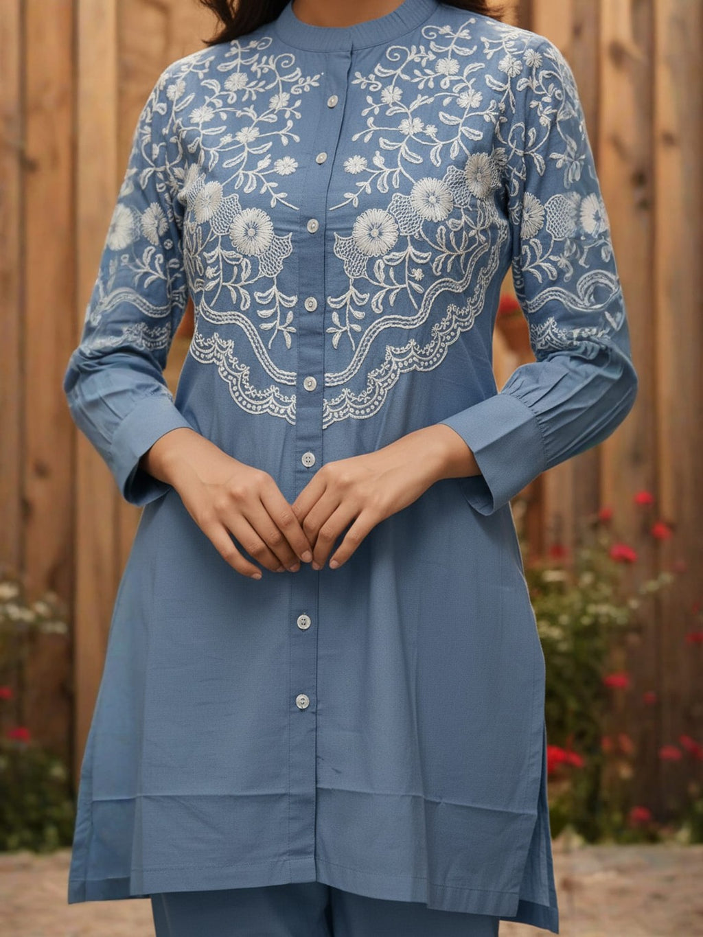 Cotton Floral Embroidered Shirt With TrouserCo-Ords Set
