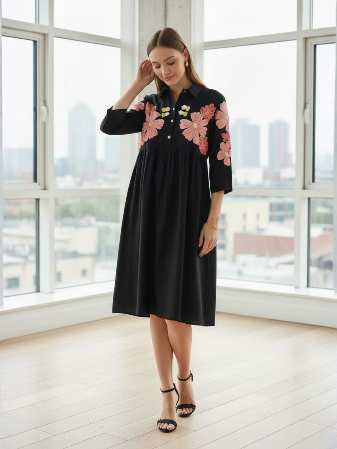Zummer Rayon Black floral embroidered Shirt Collar Midi dress