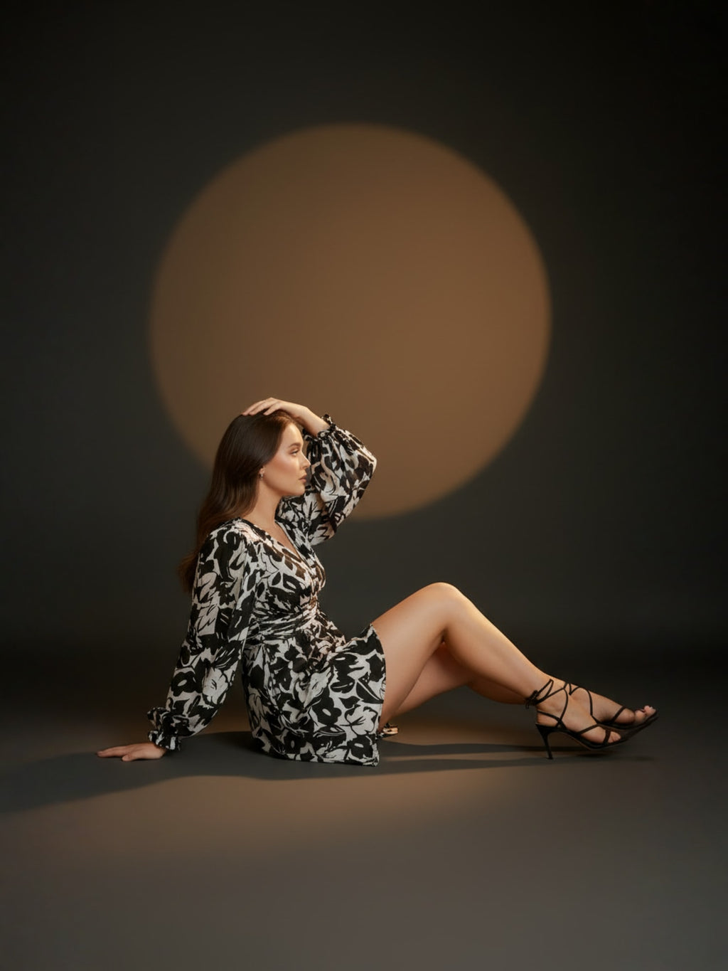 Black Leaves Printed Bishop Sleeves Skater Dress