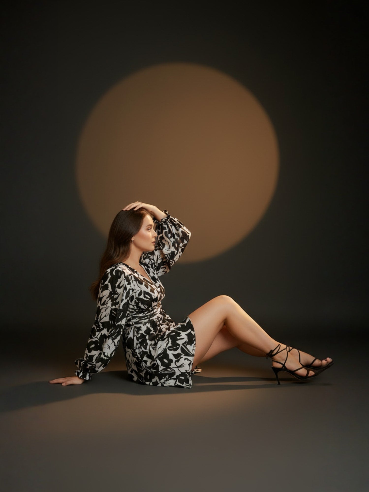 Black Leaves Printed Bishop Sleeves Skater Dress