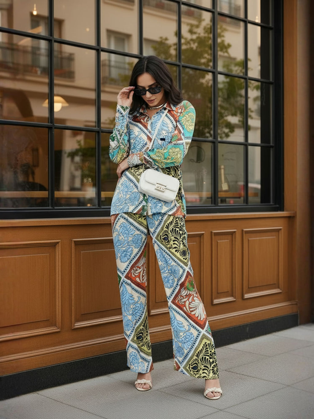 Multi Floral Satin Shirt With Darted Pants