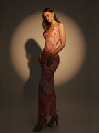 Pink Asbstract Satin Strappy Maxi Dress