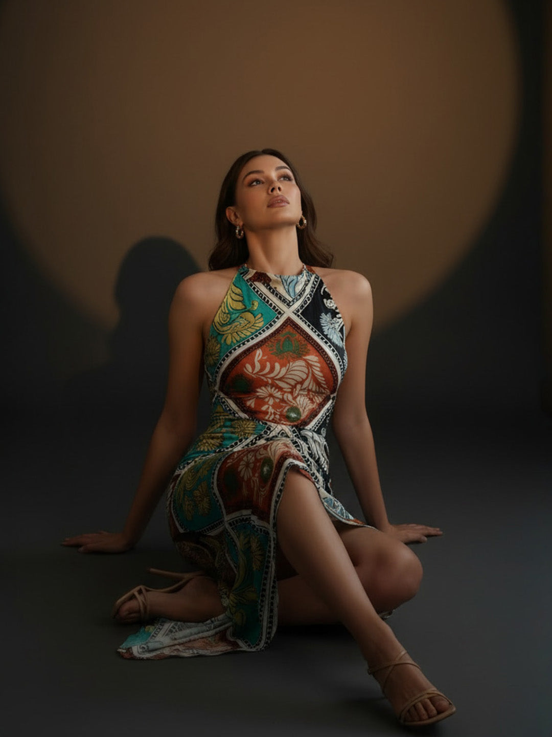 Multi Floral Satin Halter Neck Midi Dress