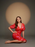 Orange Floral Front Twisted Midi Dress