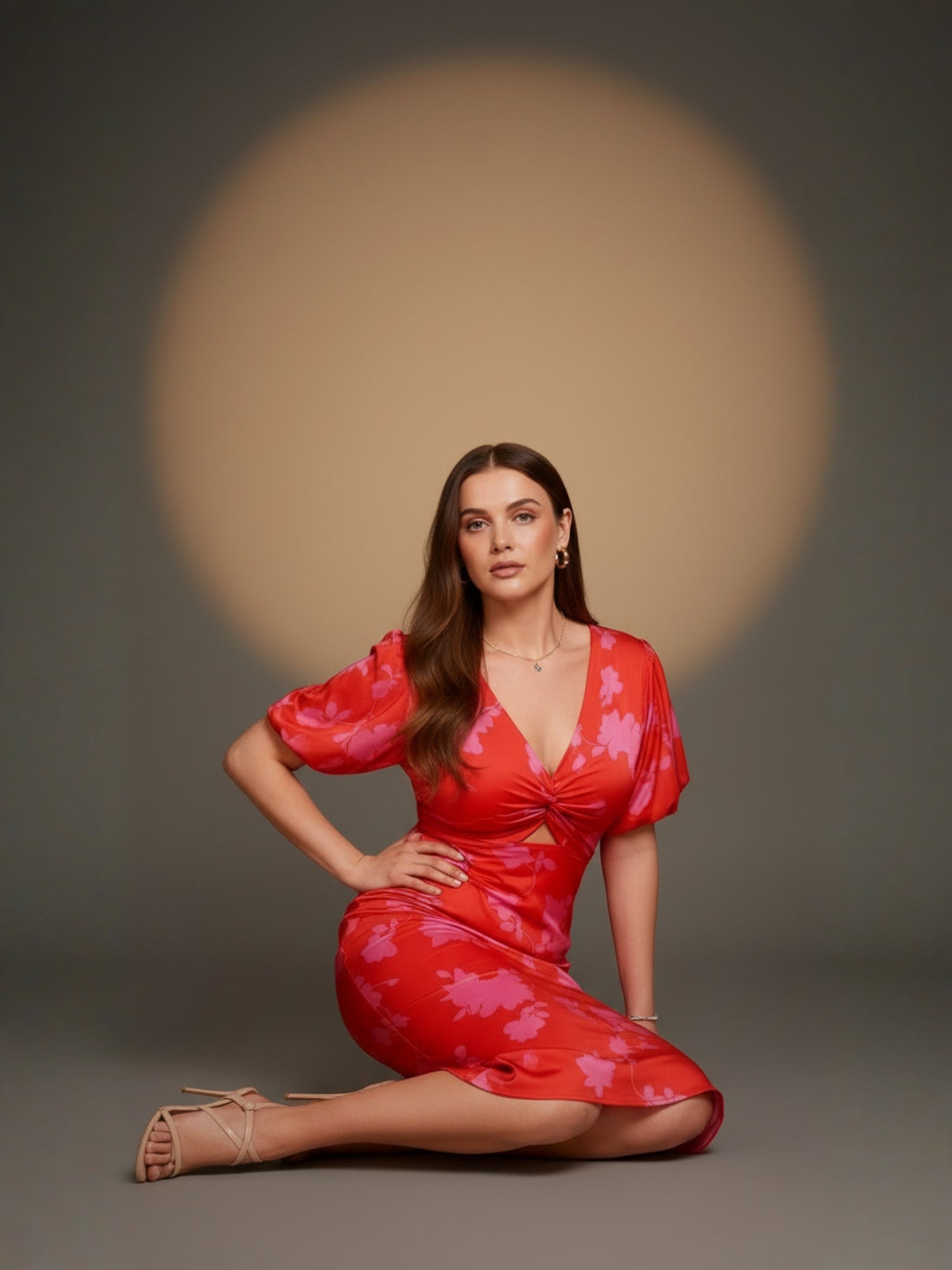 Orange Floral Front Twisted Midi Dress