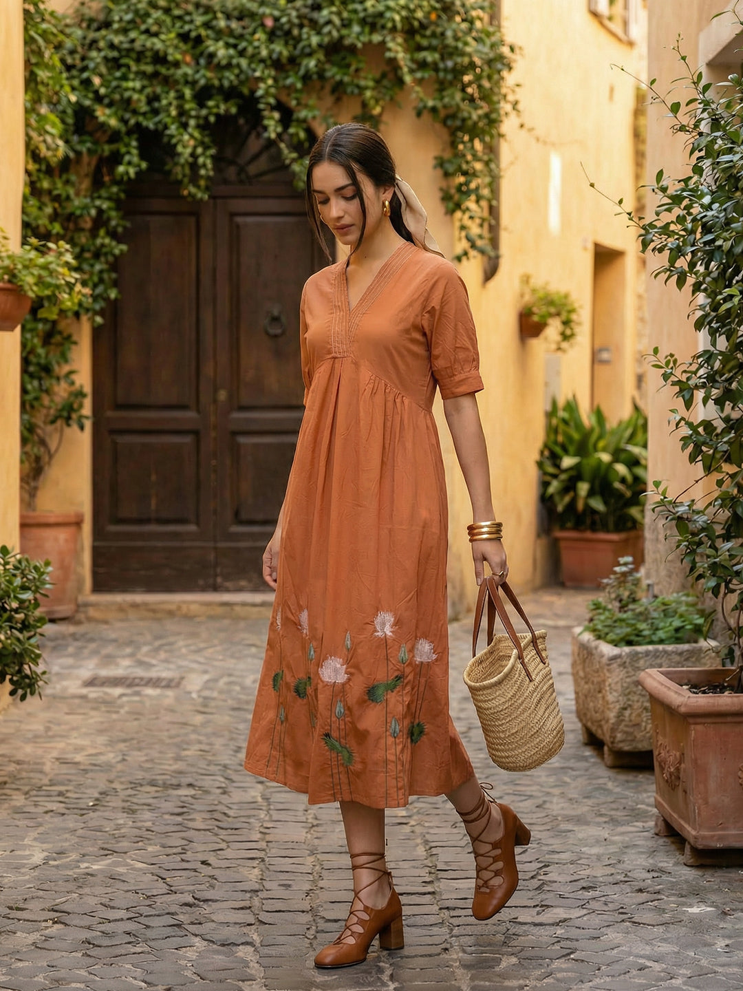 Zummer Women Floral Cotton Empire Midi Dress