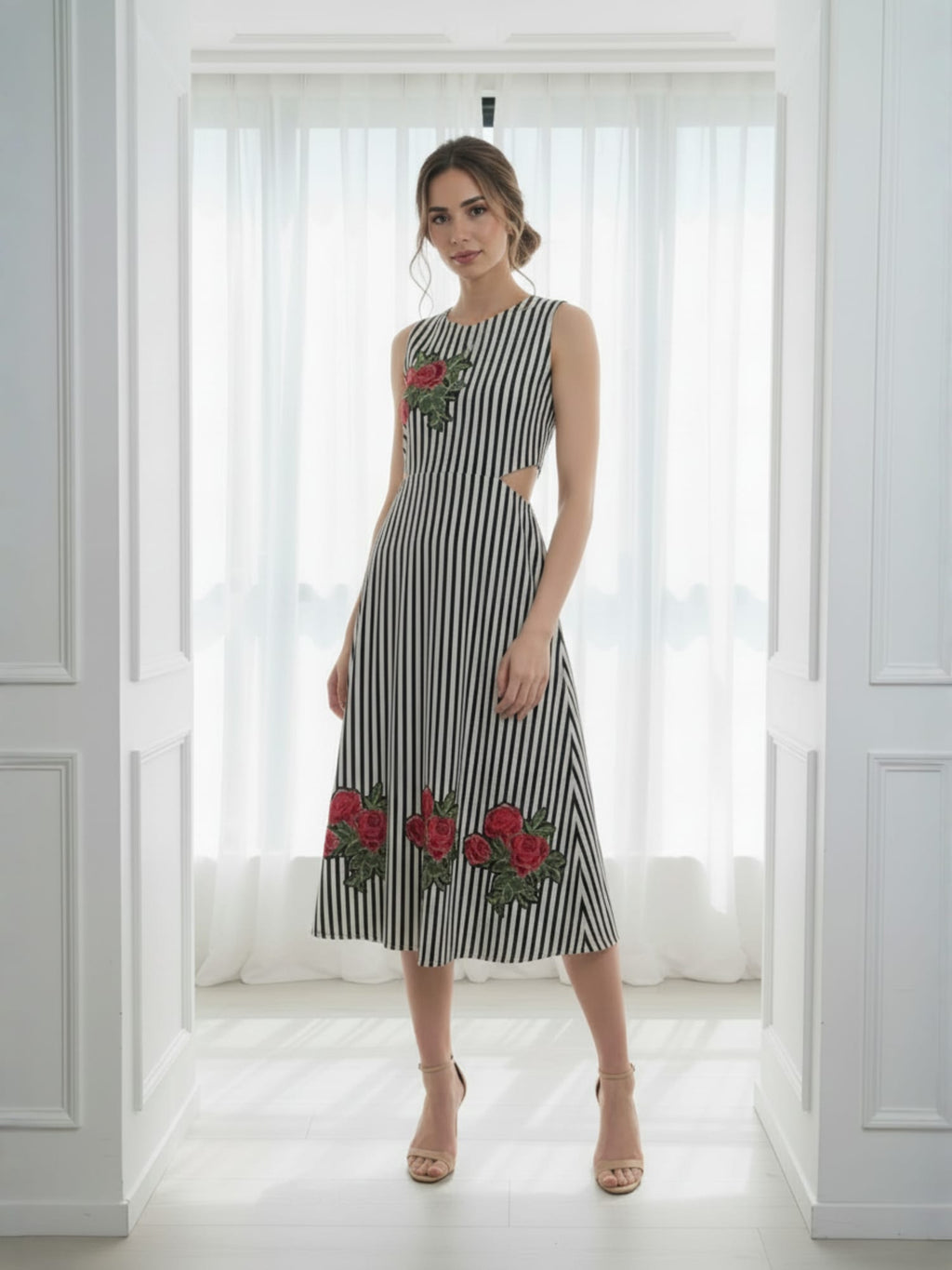 White and Black striped cut - out dress